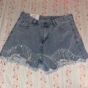 Rhinestone fringe denim shorts NWT